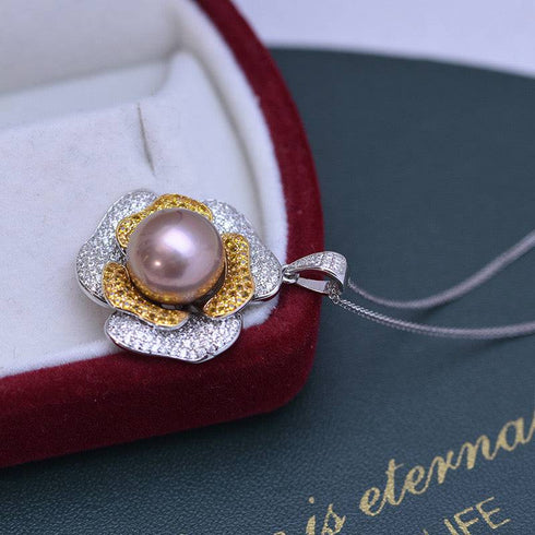 11-12mm Freshwater Pearl & Large Rose CZ Pendant Necklace - House Of Pearls